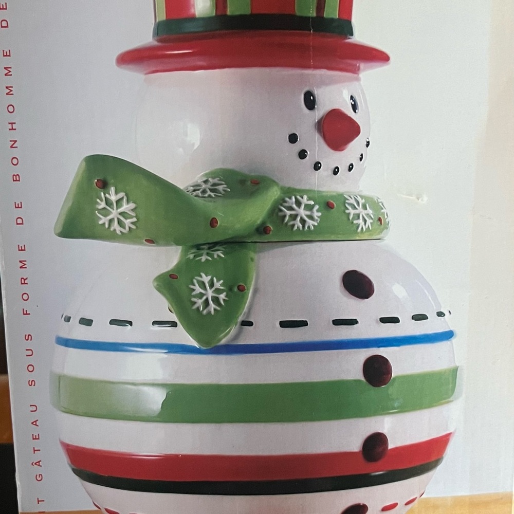 Festive Snowman Cookie Jar with Green Scarf